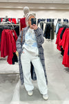 Navy Blue Plaid Longline Trench Coat