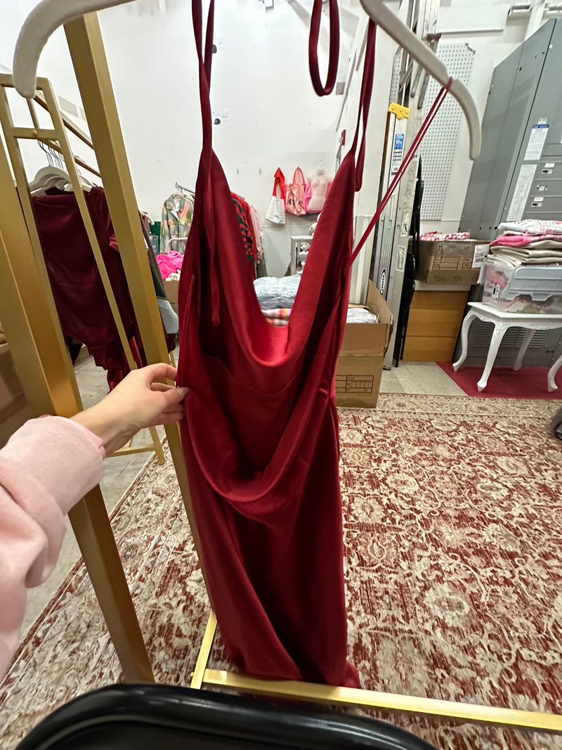 Red Satin Halter Neck Cowl Neck Midi Dress