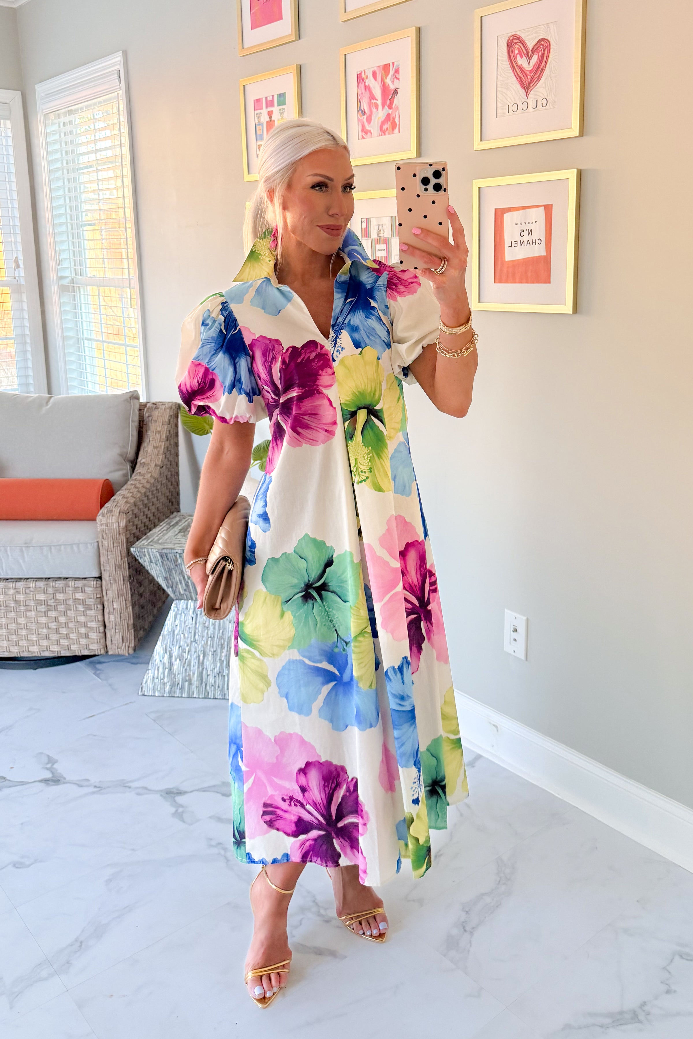 Purple and Blue Hibiscus Flower Collared Maxi Dress