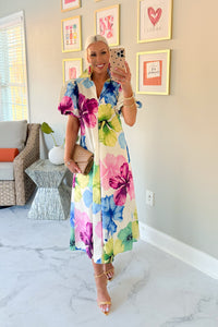 Purple and Blue Hibiscus Flower Collared Maxi Dress