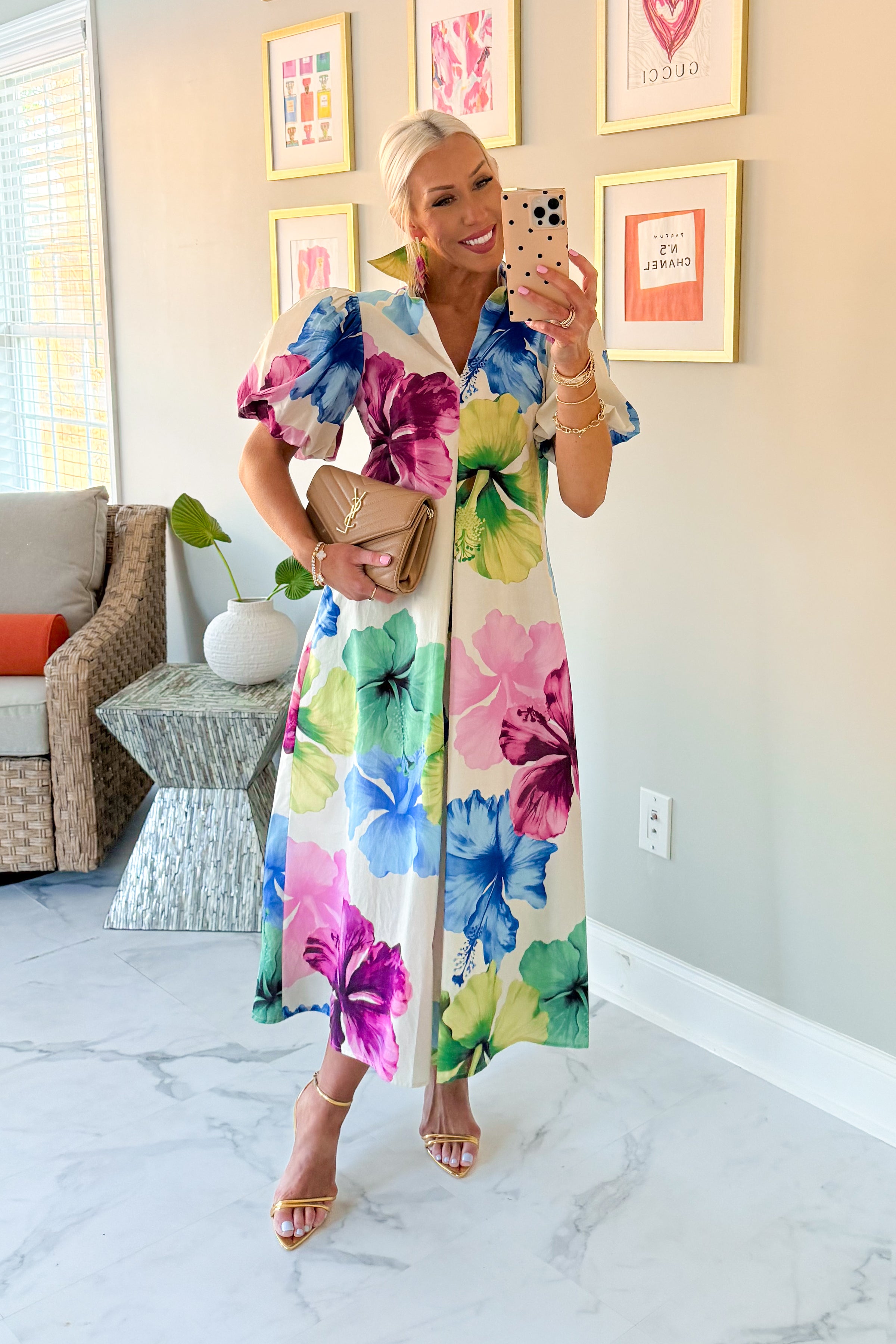 Purple and Blue Hibiscus Flower Collared Maxi Dress