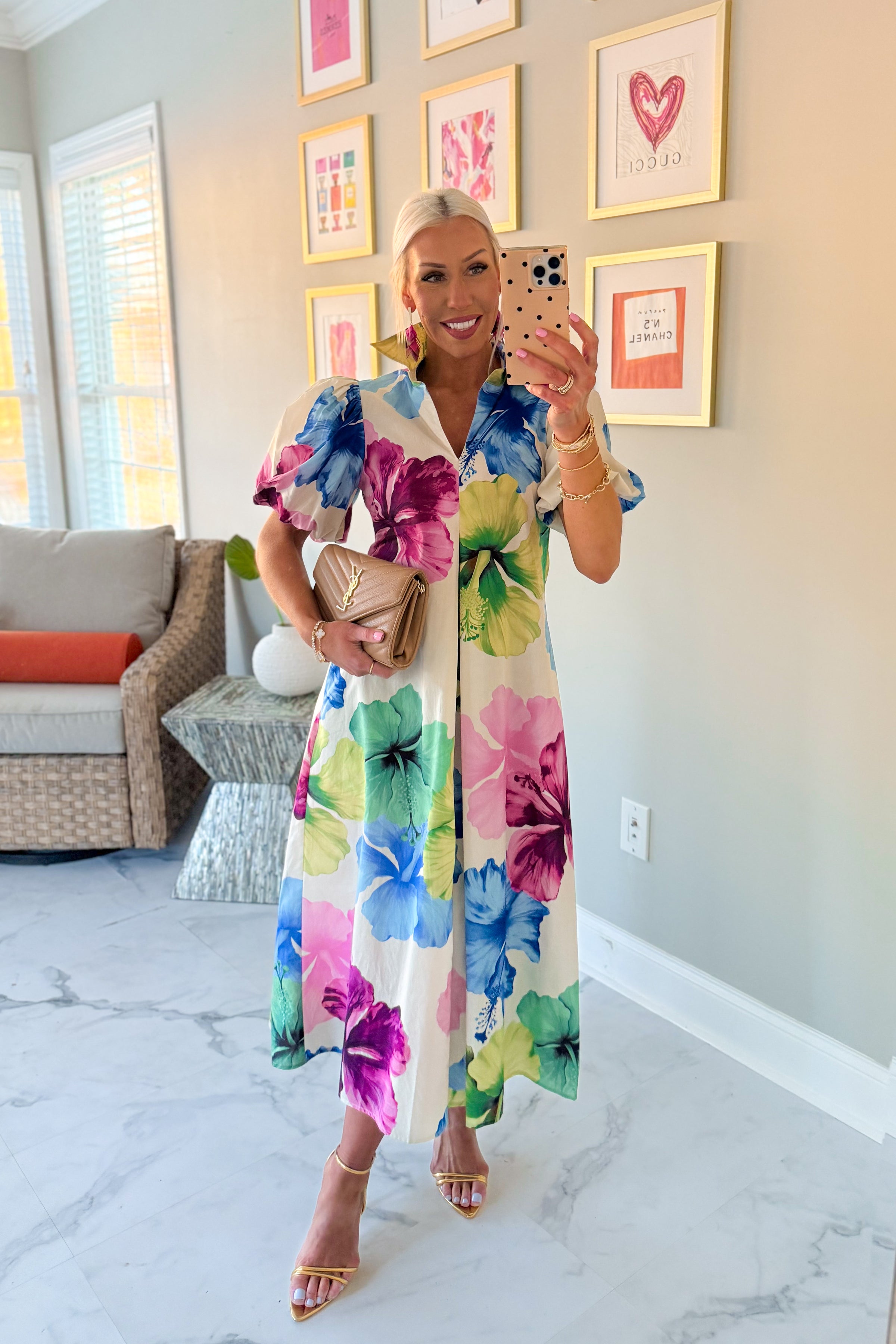 Purple and Blue Hibiscus Flower Collared Maxi Dress