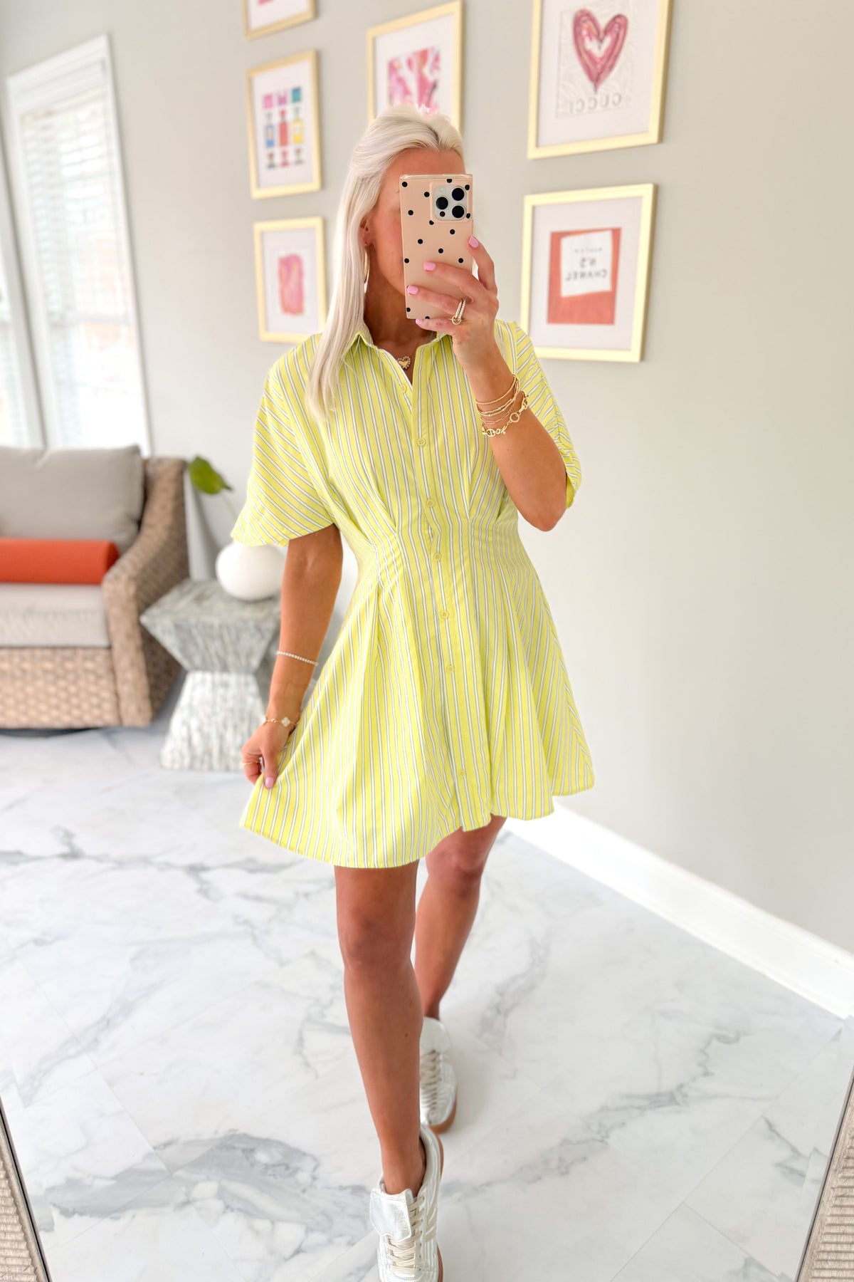 Yellow Striped Cinched Waist Mini Dress