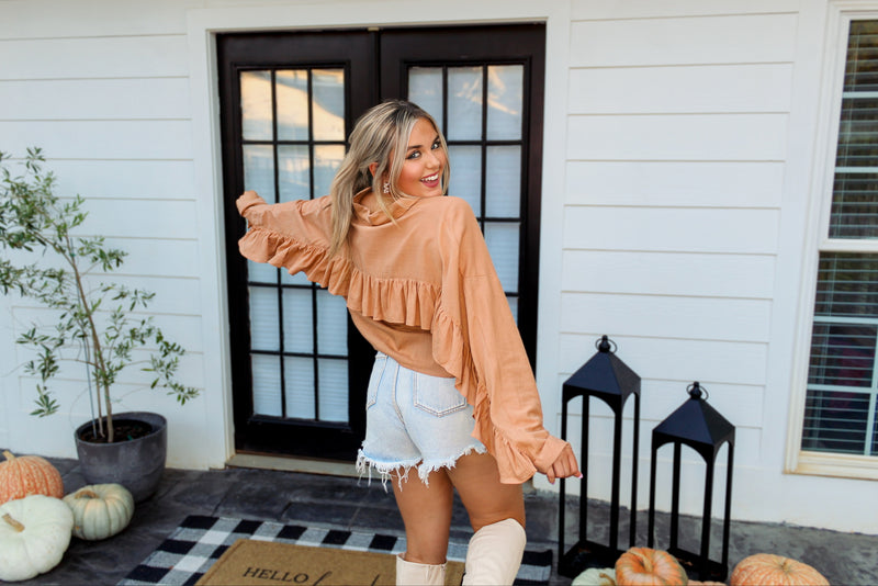 Brown Ruffle Detail Button Down Top