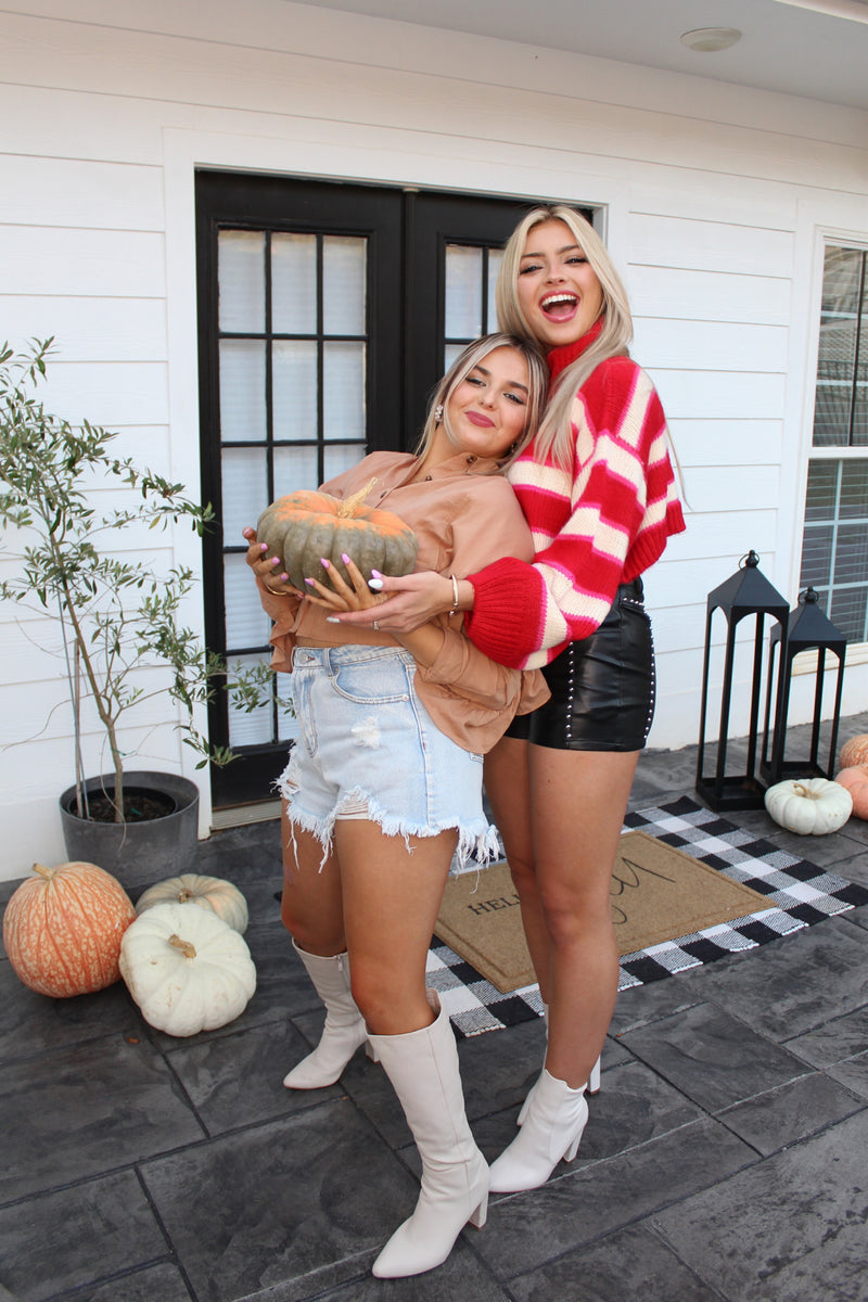Red Cropped Turtle Neck Striped Sweater