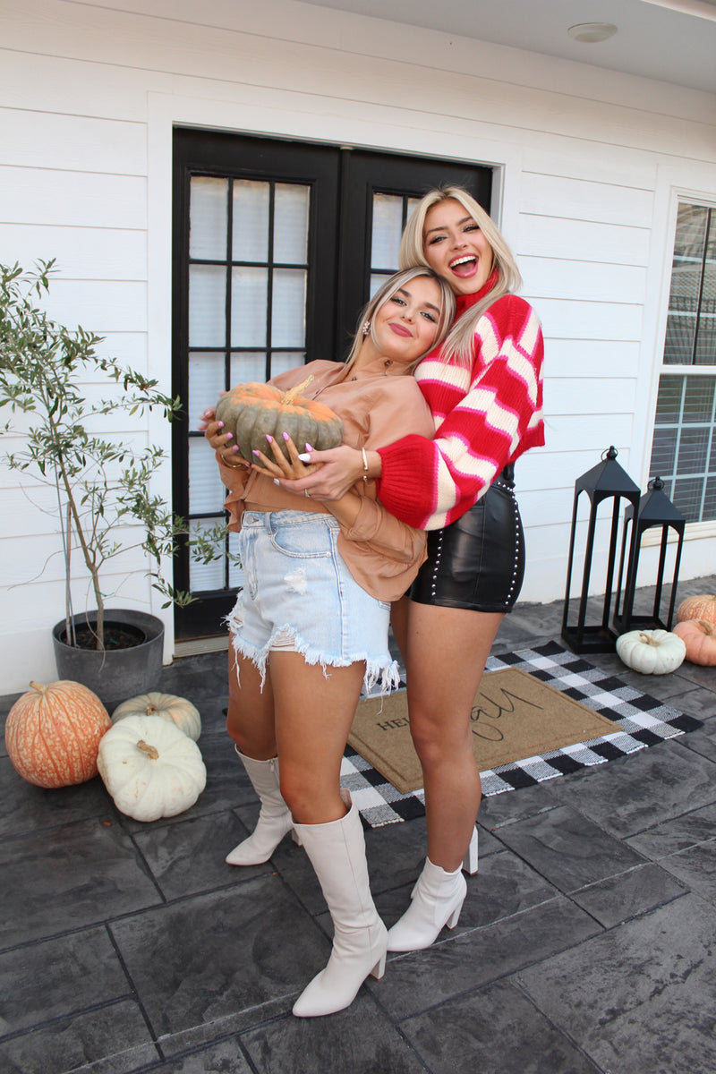 Red Cropped Turtle Neck Striped Sweater