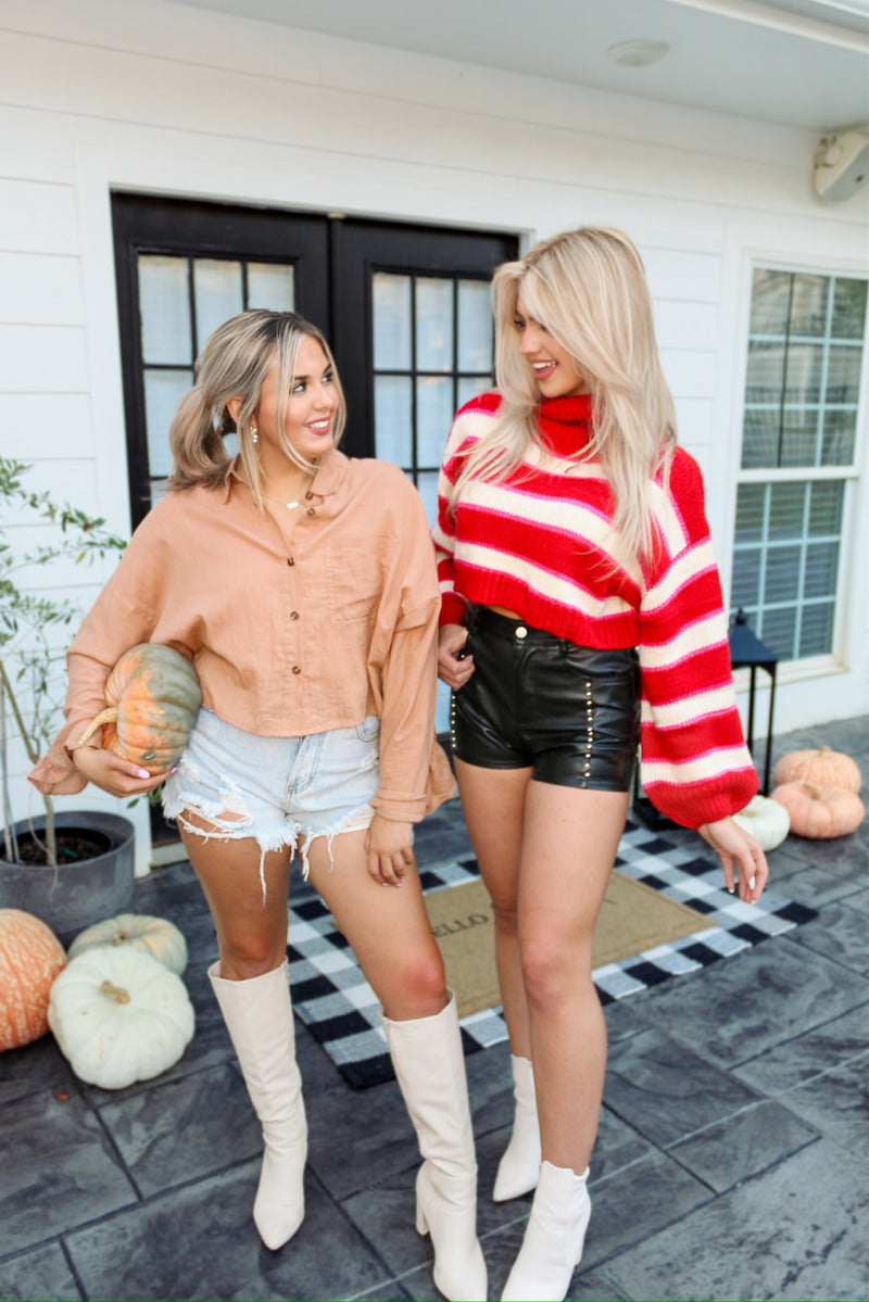Red Cropped Turtle Neck Striped Sweater