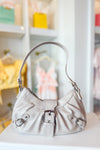 Beige Crescent Shaped Faux Leather Buckle Detail Shoulder Bag