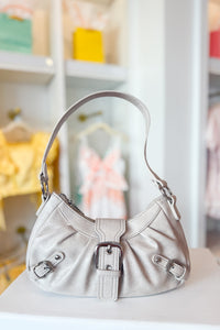 Beige Crescent Shaped Faux Leather Buckle Detail Shoulder Bag