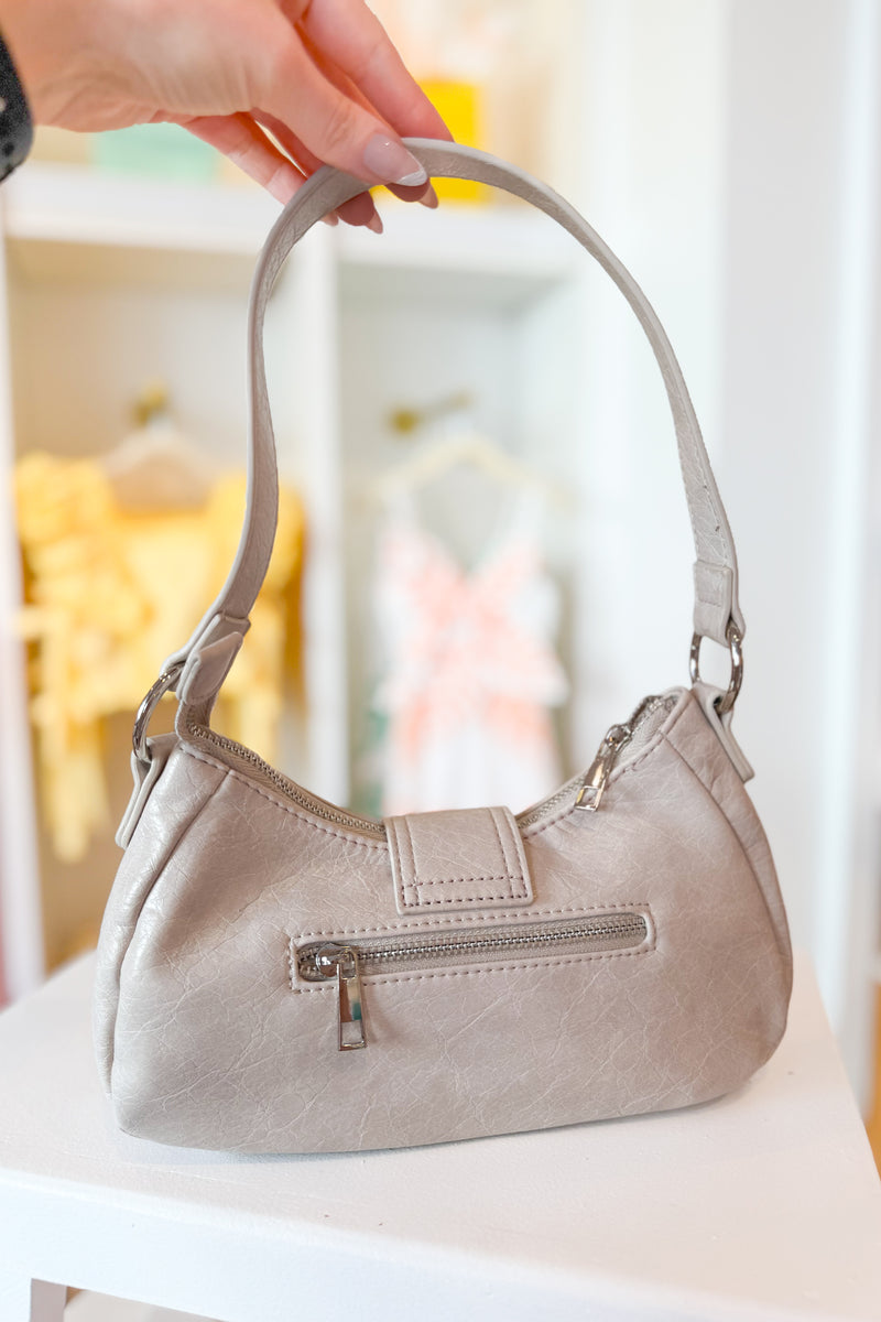 Beige Crescent Shaped Faux Leather Buckle Detail Shoulder Bag