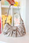 Beige Crescent Shaped Faux Leather Buckle Detail Shoulder Bag