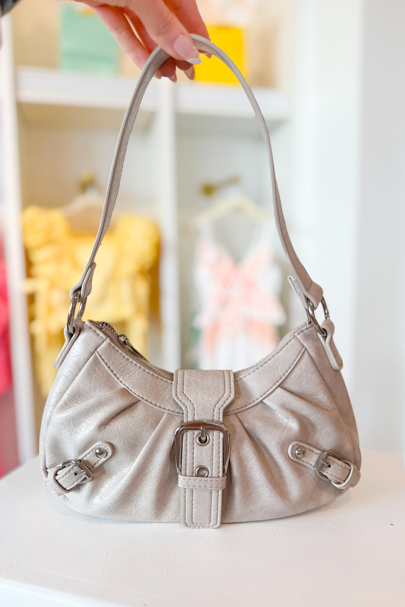 Beige Crescent Shaped Faux Leather Buckle Detail Shoulder Bag
