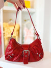 Red Crescent Shaped Faux Leather Buckle Detail Shoulder Bag