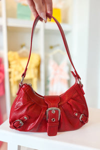 Red Crescent Shaped Faux Leather Buckle Detail Shoulder Bag