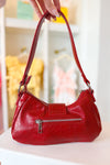Red Crescent Shaped Faux Leather Buckle Detail Shoulder Bag