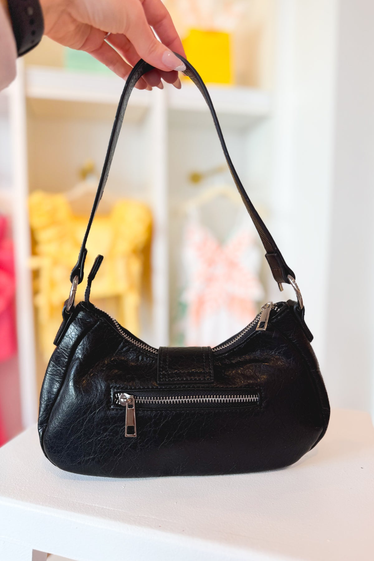 Black Crescent Shaped Faux Leather Buckle Detail Shoulder Bag