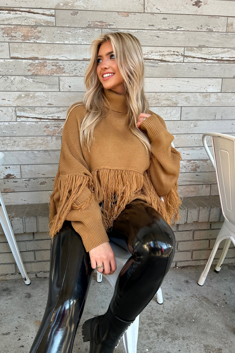 Camel Brown Turtle Neck Fringe Sweater