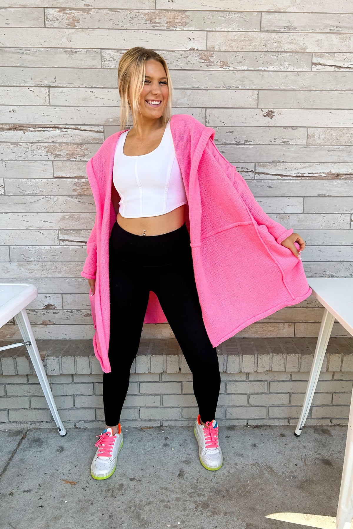Bright Pink Oversized Hooded Cardigan