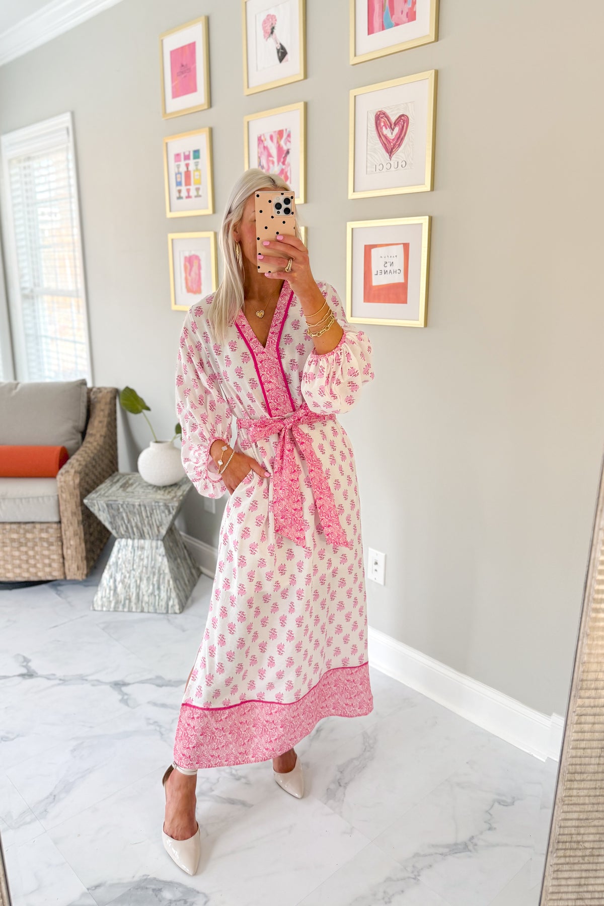 Pink and White Belted Long Sleeve Floral Maxi Dress
