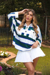 Green And Navy Blue Striped Collared Rugby Top