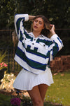 Green And Navy Blue Striped Collared Rugby Top