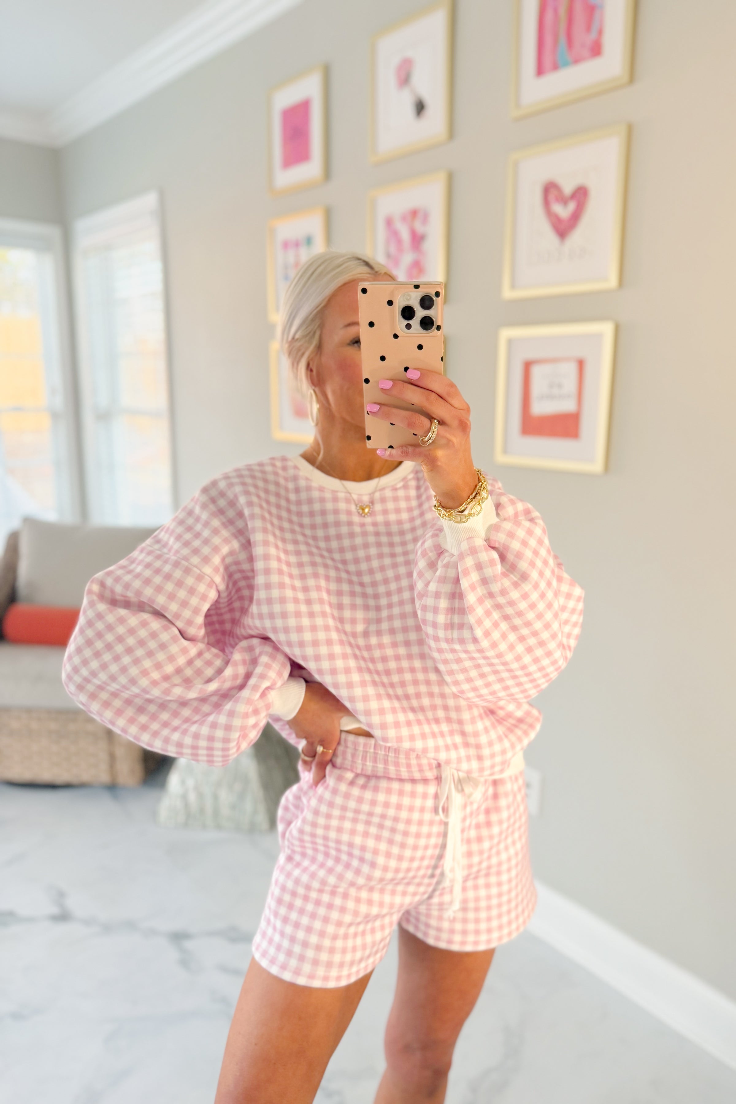 Pink Gingham Sweatshirt and Shorts Set