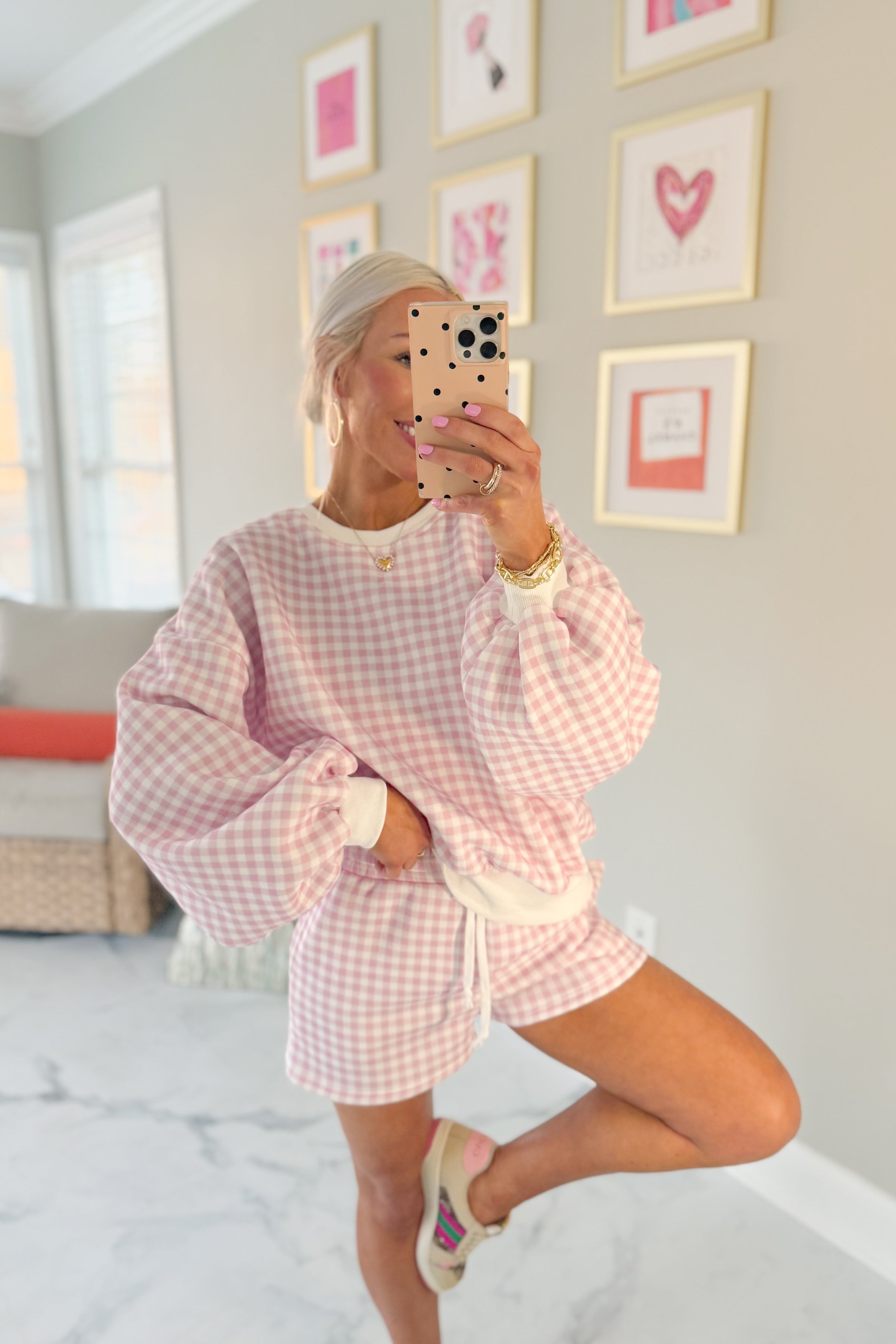 Pink Gingham Sweatshirt and Shorts Set