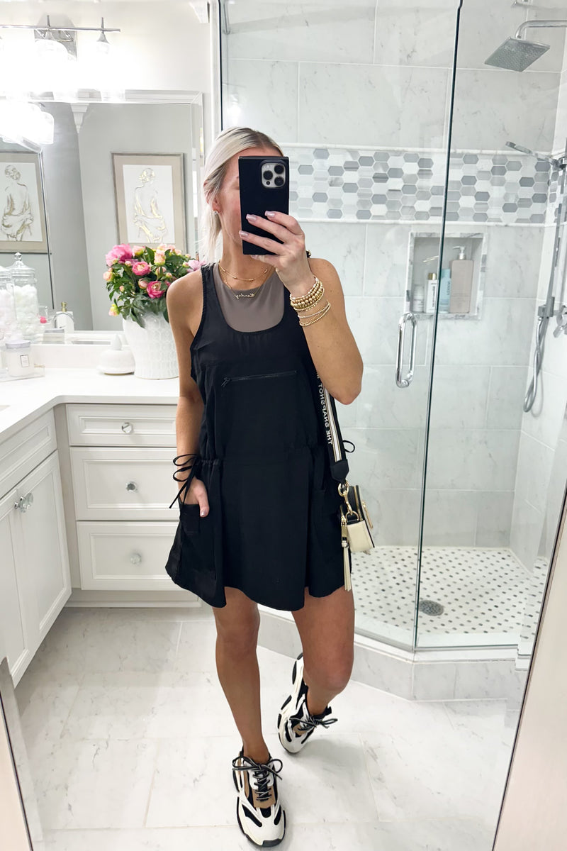 Black Cinched Waist Pocketed Athletic Dress