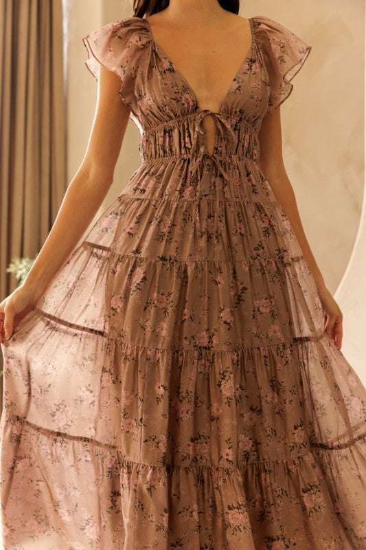 brown floral bridesmaid dresses Tiered Floral Maxi Dress