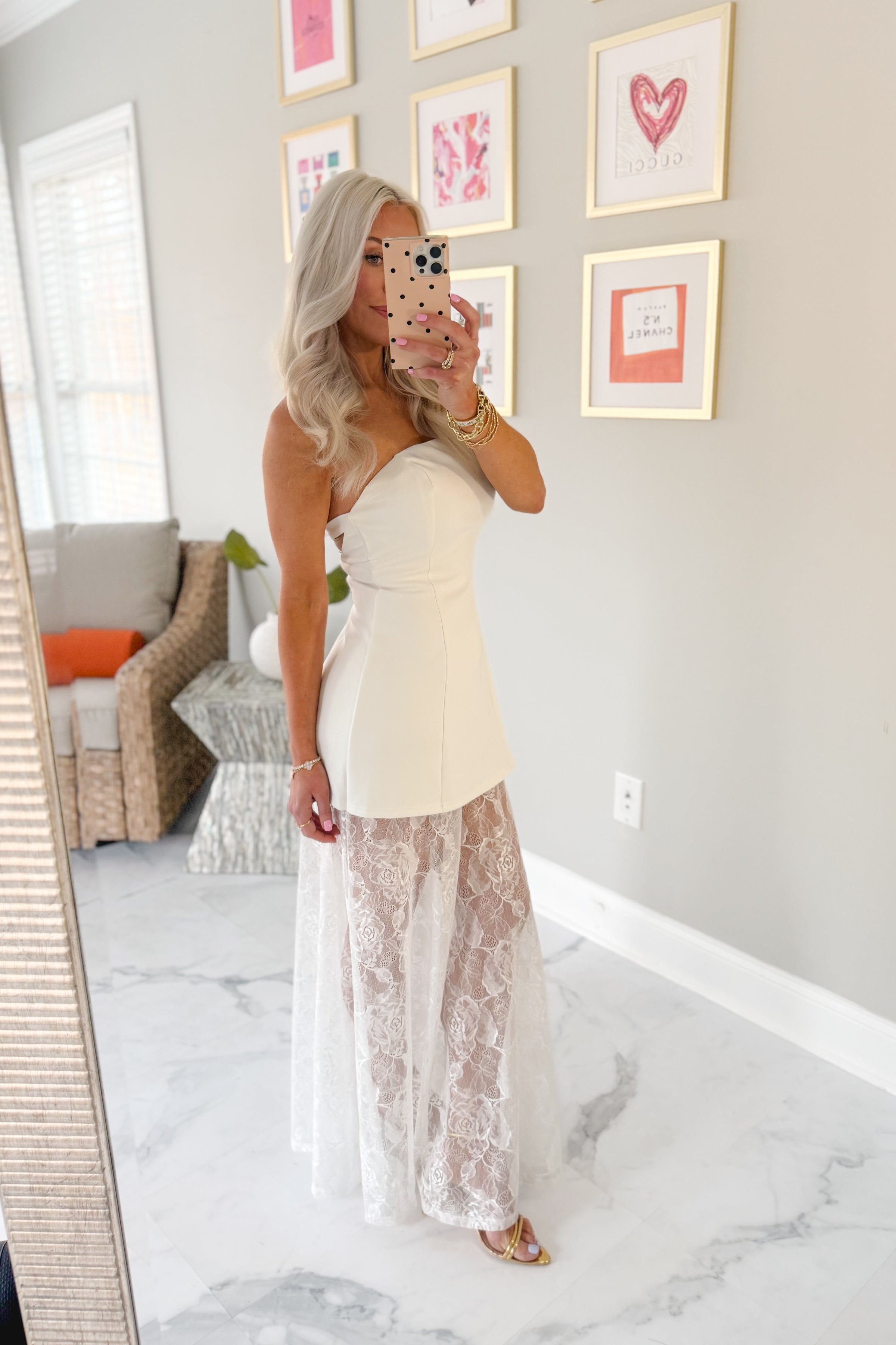 white lace strapless maxi dress ZAPAKA Women Strapless Boho Wedding Dress with Ruffles High-Low A Line Lace Bridal Dress, White / US14