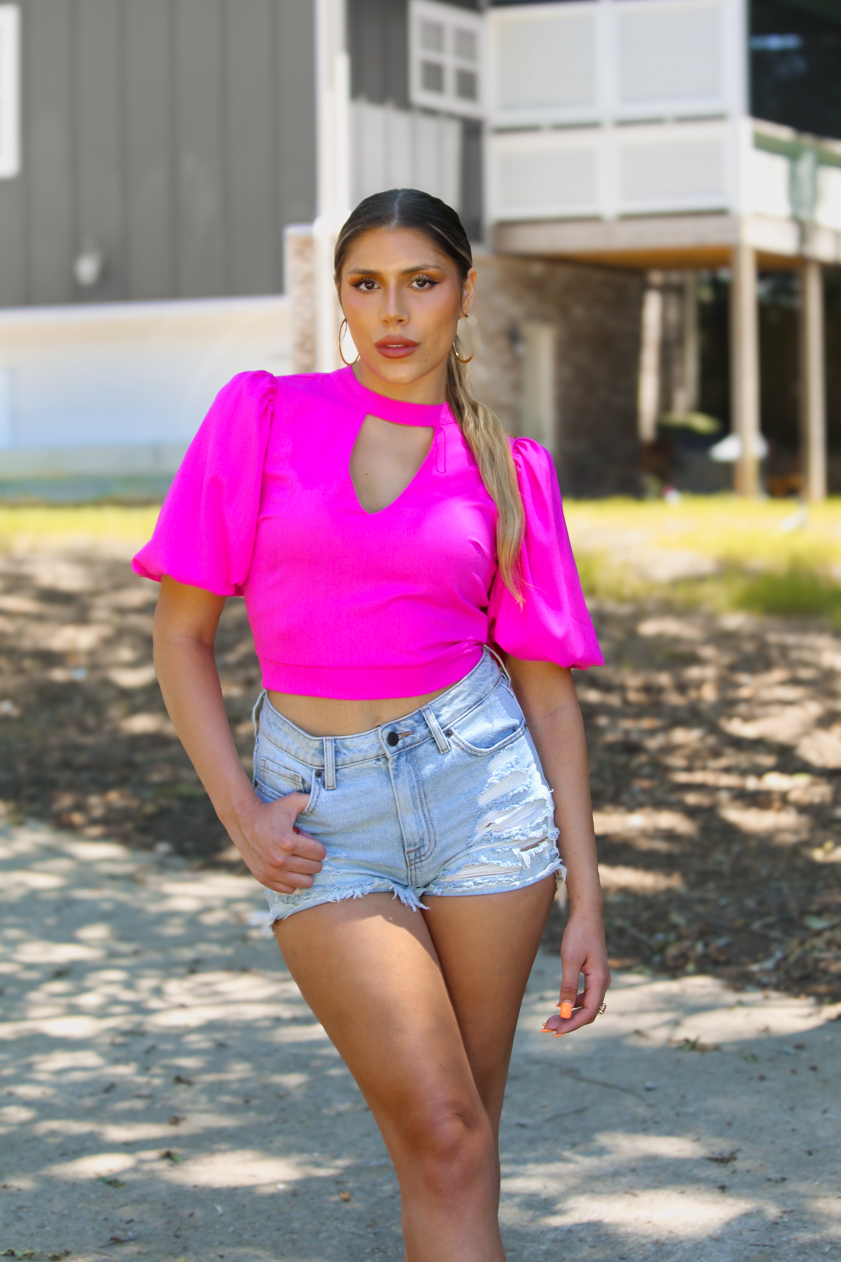 Fuchsia Puff Sleeve Crop Top - Shop Kendry Collection Boutique