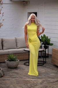 Butter Yellow Mock Neck Ruched Sheer Open Back Maxi Dress - Kendry Collection Boutique