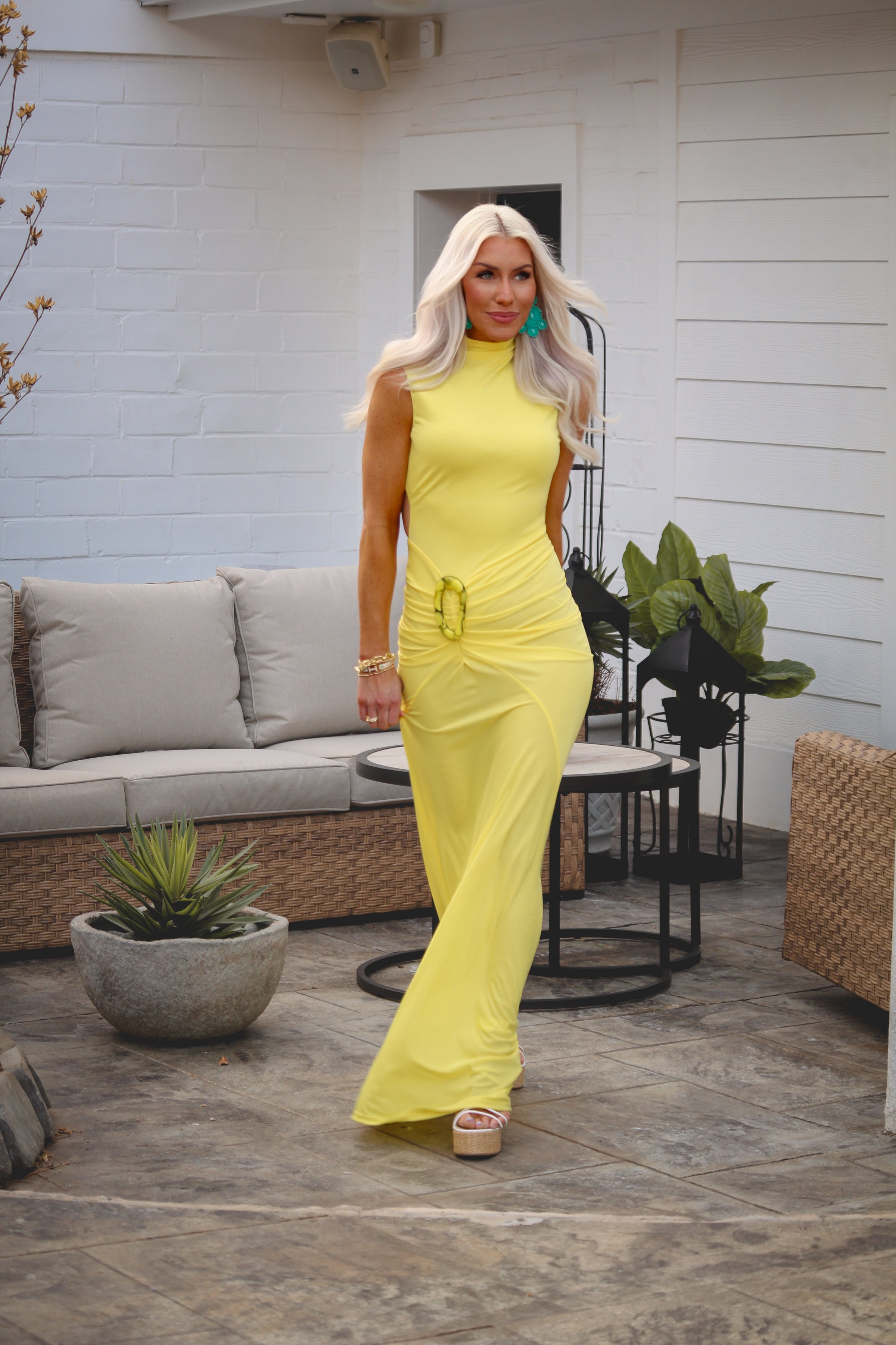 Butter Yellow Mock Neck Ruched Sheer Open Back Maxi Dress - Kendry Collection Boutique