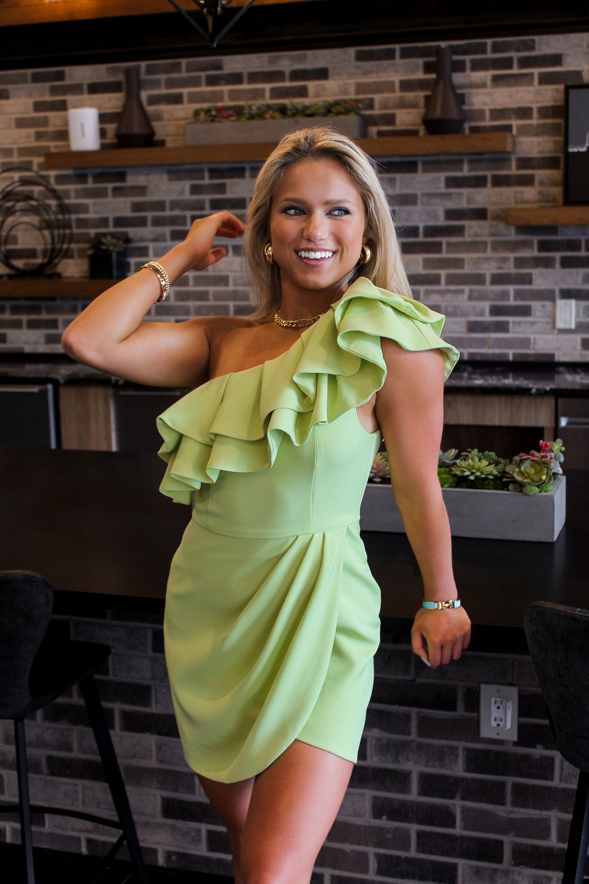 Lime Green Ruffle One Shoulder Mini Dress - Shop Kendry Collection Boutique 