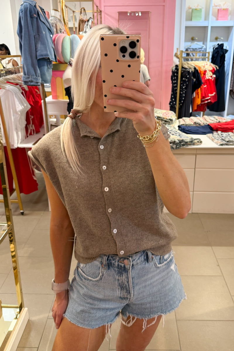 Mocha Soft Knit Button Down Sleeveless Cardigan Top