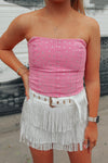 White Rhinestone Fringe Belted Skort