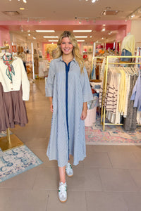 Navy Blue Striped Button Up Maxi Dress