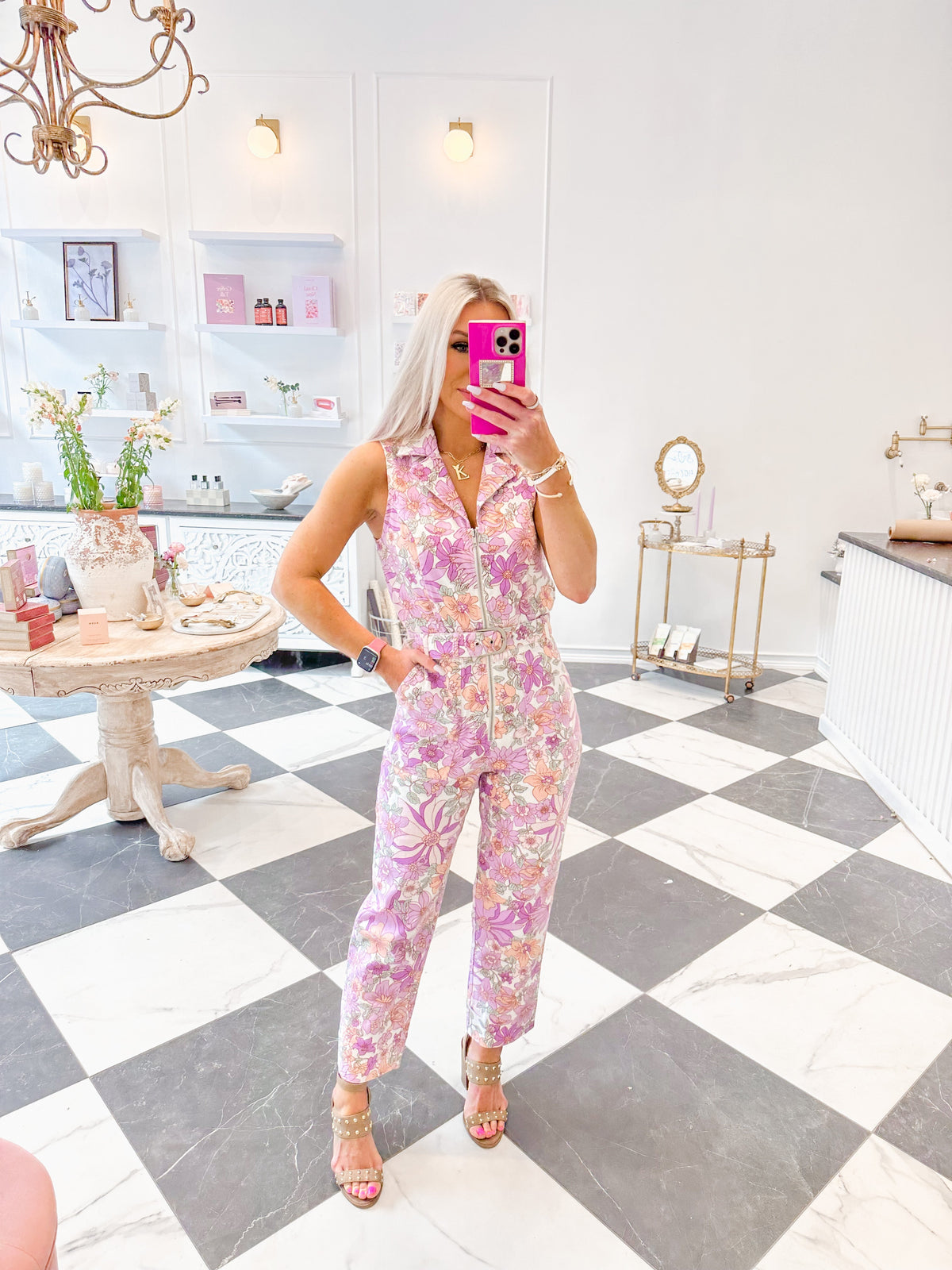 Purple Floral Belted Jumpsuit