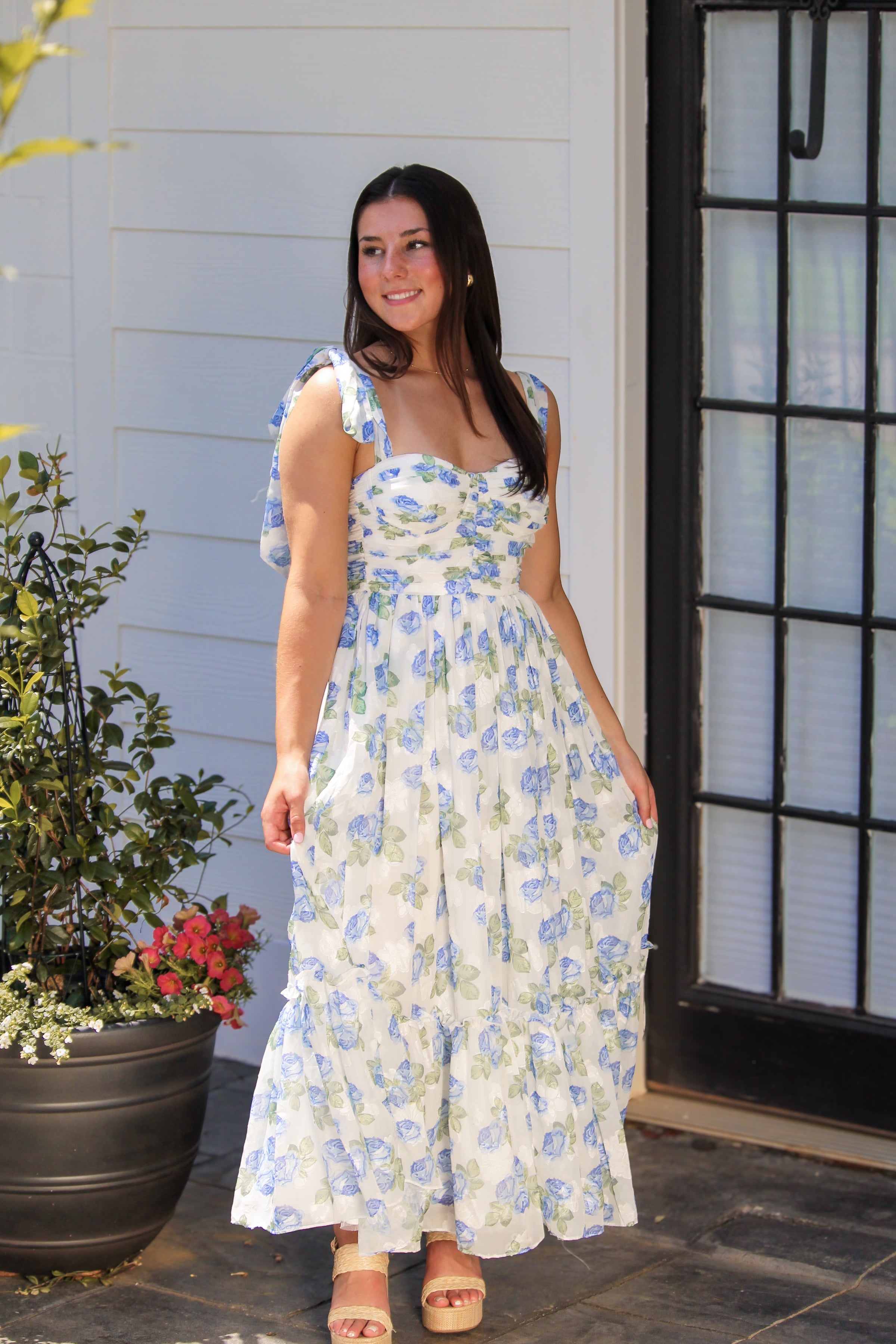 Blue and White Floral Shoulder Tie Midi Dress Blue and White Floral Shoulder Tie Midi Dress
