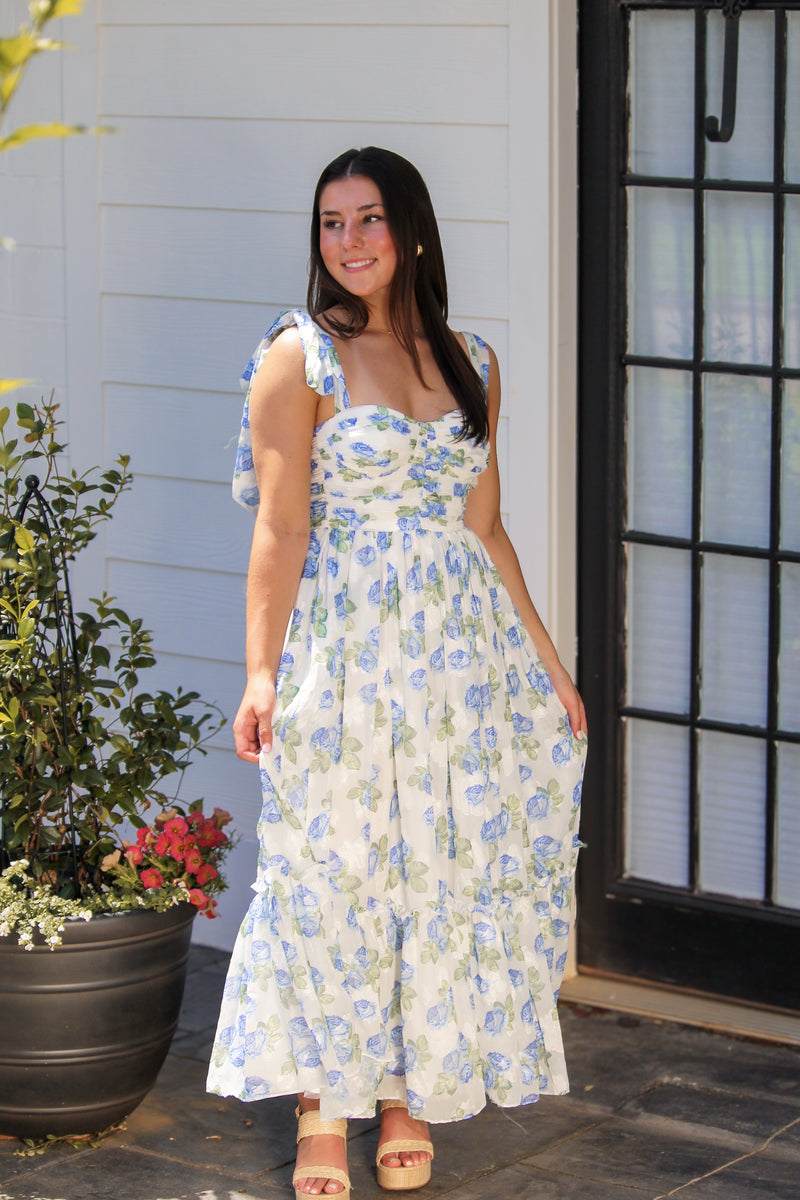 tie dress Blue and White Floral Shoulder Tie Midi Dress