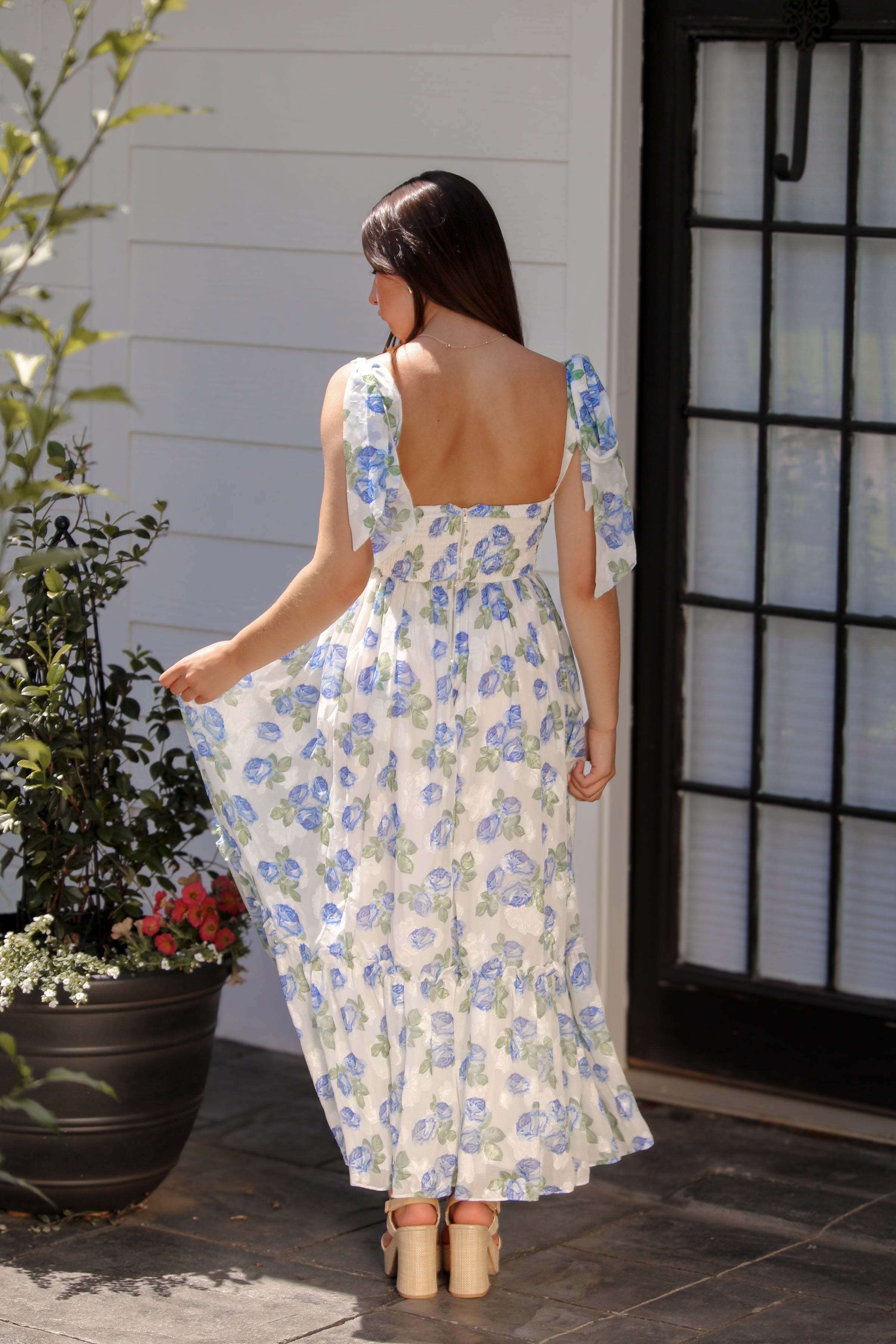 Blue and White Floral Shoulder Tie Midi Dress - Kendry Collection Boutique Blue and White Floral Shoulder Tie Midi Dress - Kendry Collection Boutique