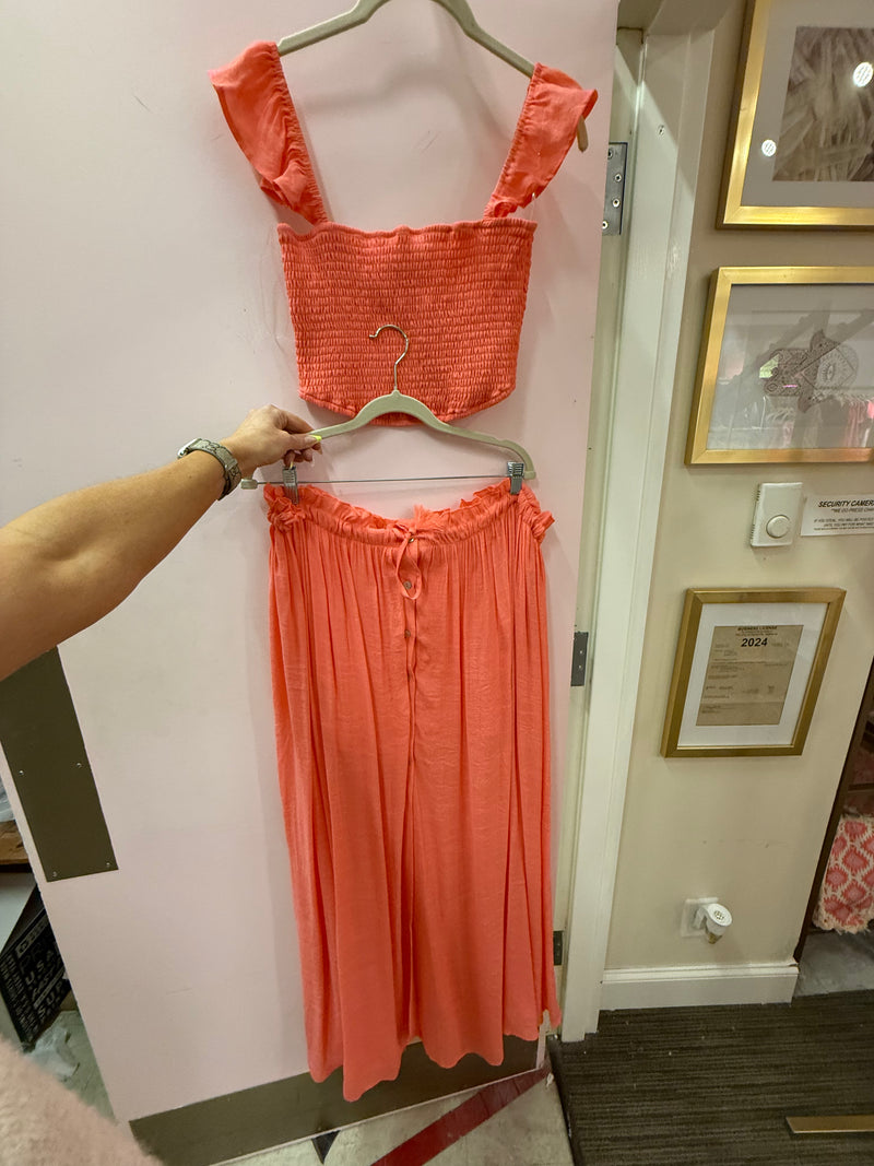 Coral Smocked Top & Maxi Skirt Set