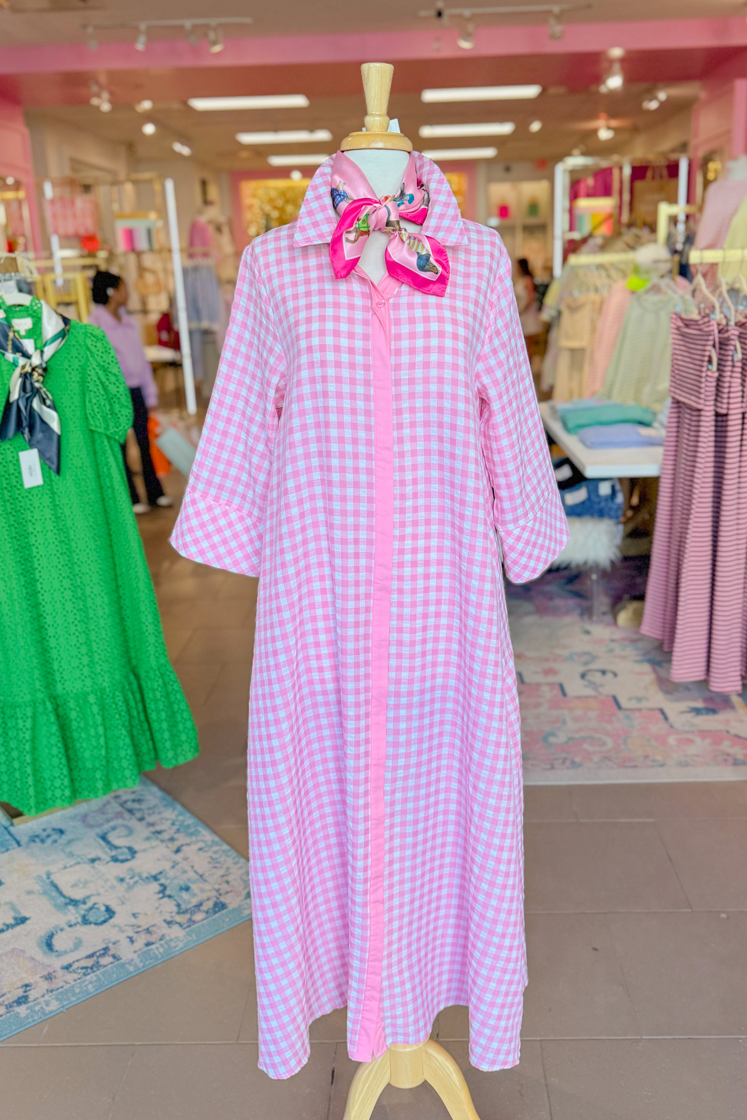 Gingham Collared Maxi Dress - Pink