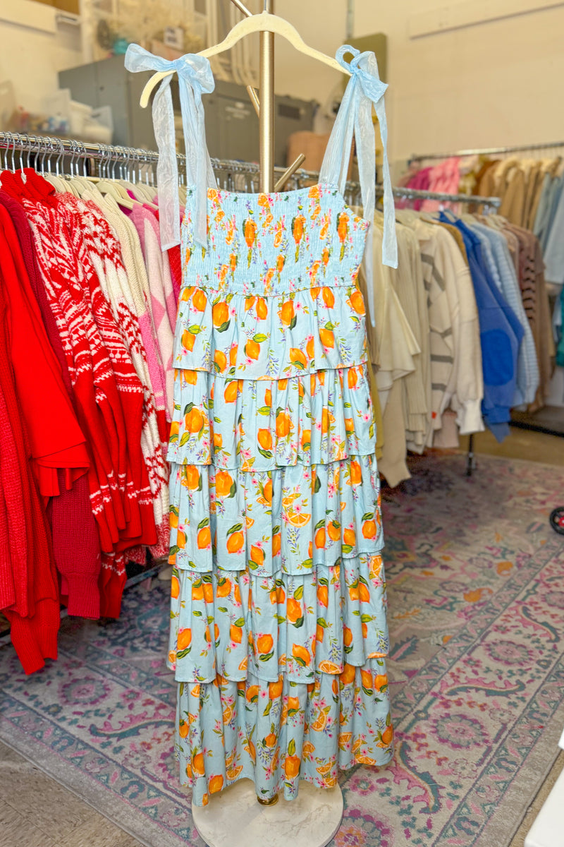 Freshly Squeezed Oranges Blue Tiered Ruffle Maxi Dress
