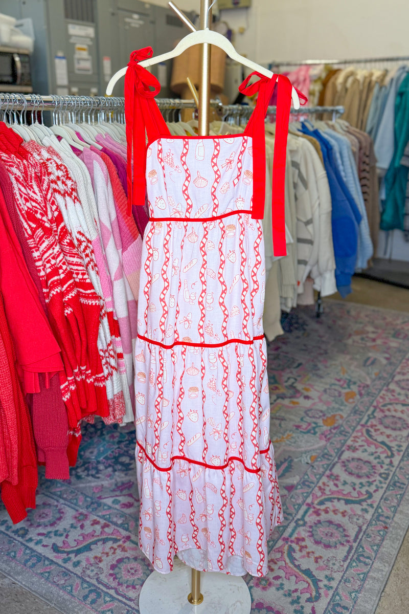 Red Tie Top Baguette Pattern Maxi Dress