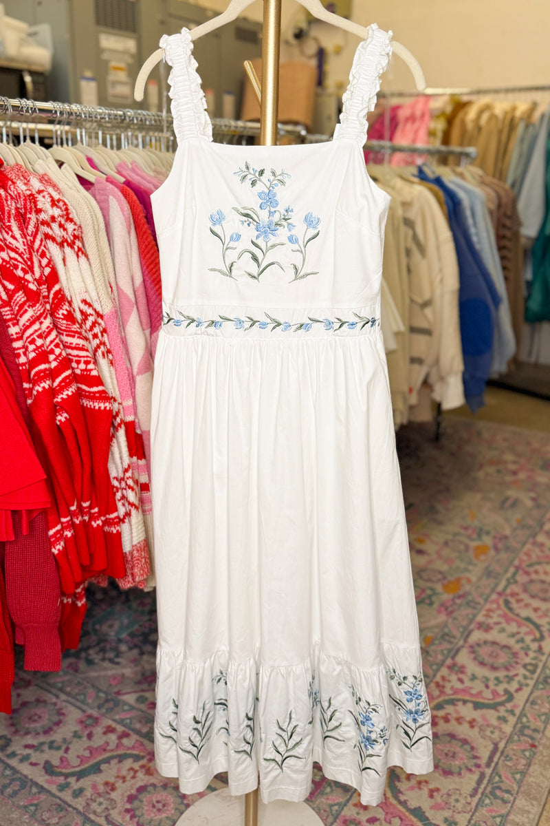 White Square Neck Maxi Dress With Blue Embroidered Floral Detail