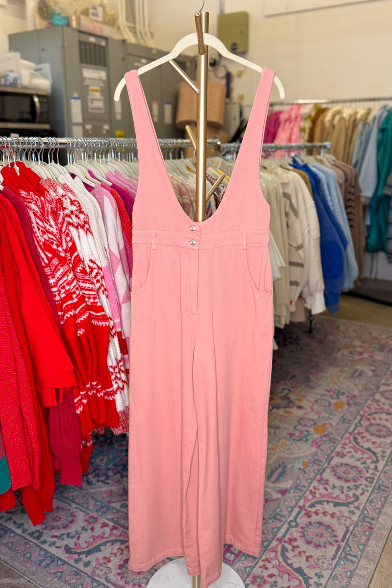 Mauve Pink Denim Wide Leg Overalls