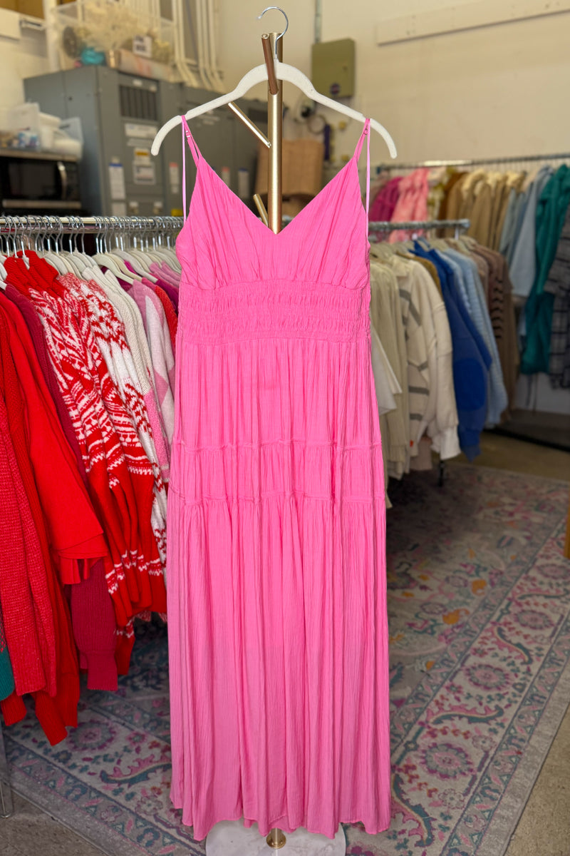 Pink V-Neck Shirred Waist Maxi Dress
