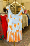 Blue and Orange Starburst Shoulder Tie Mini Dress