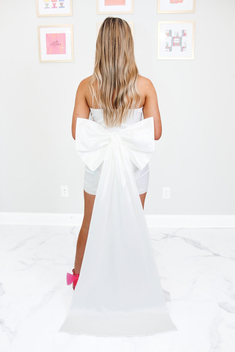 White Strapless Bow Train Mini Dress